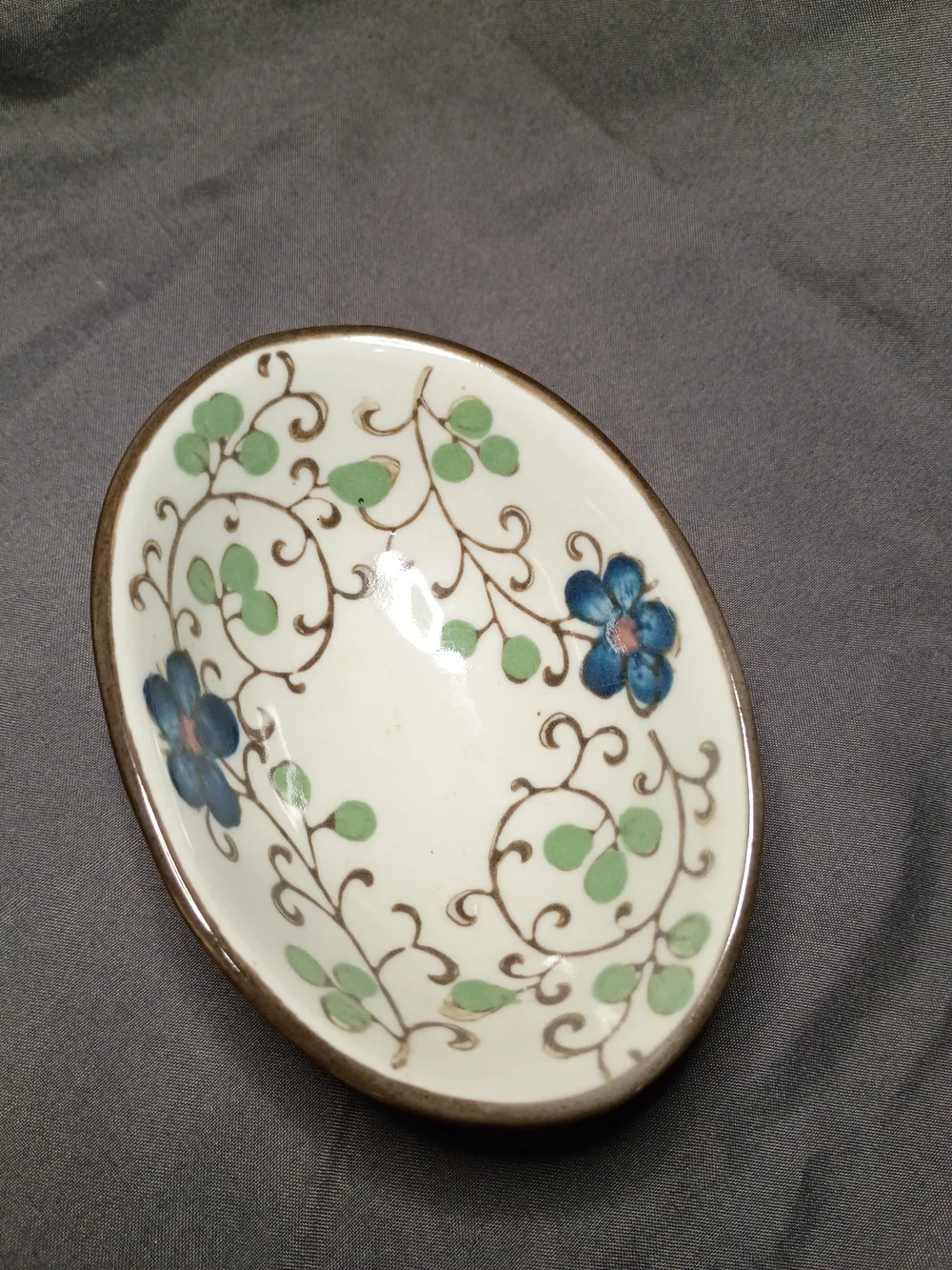 Hand-Painted Floral Ceramic Trinket Dish - Blue & Green